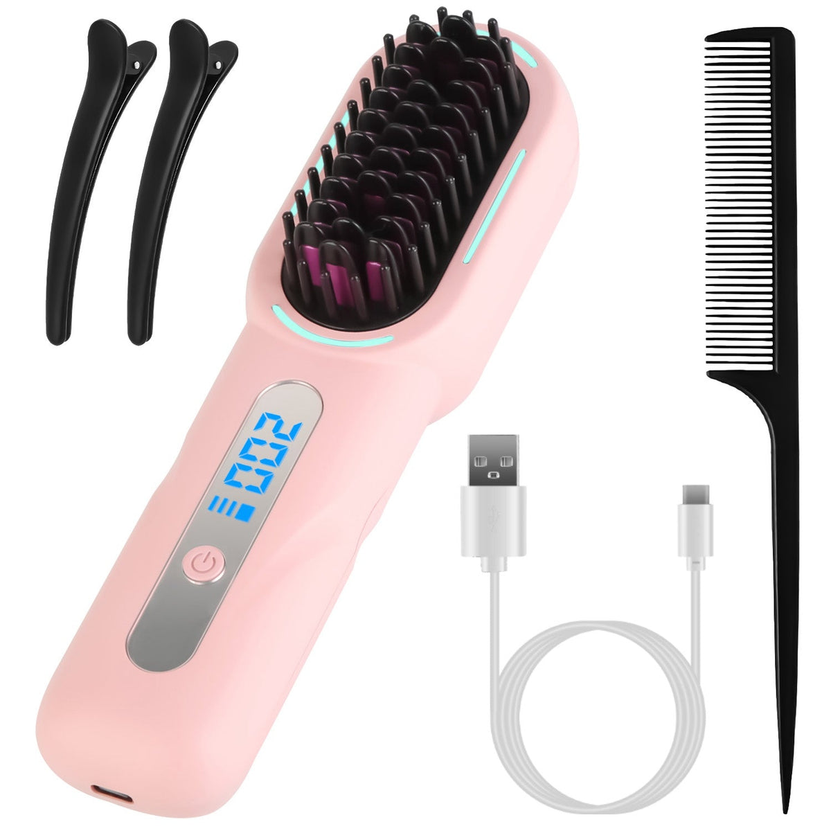 Cordless Hair Straightener Brush Rechargeable Mini Styling Comb with 4 Heating Levels Blue Light Sterilization Single press Stray Hair Removal 20Mins