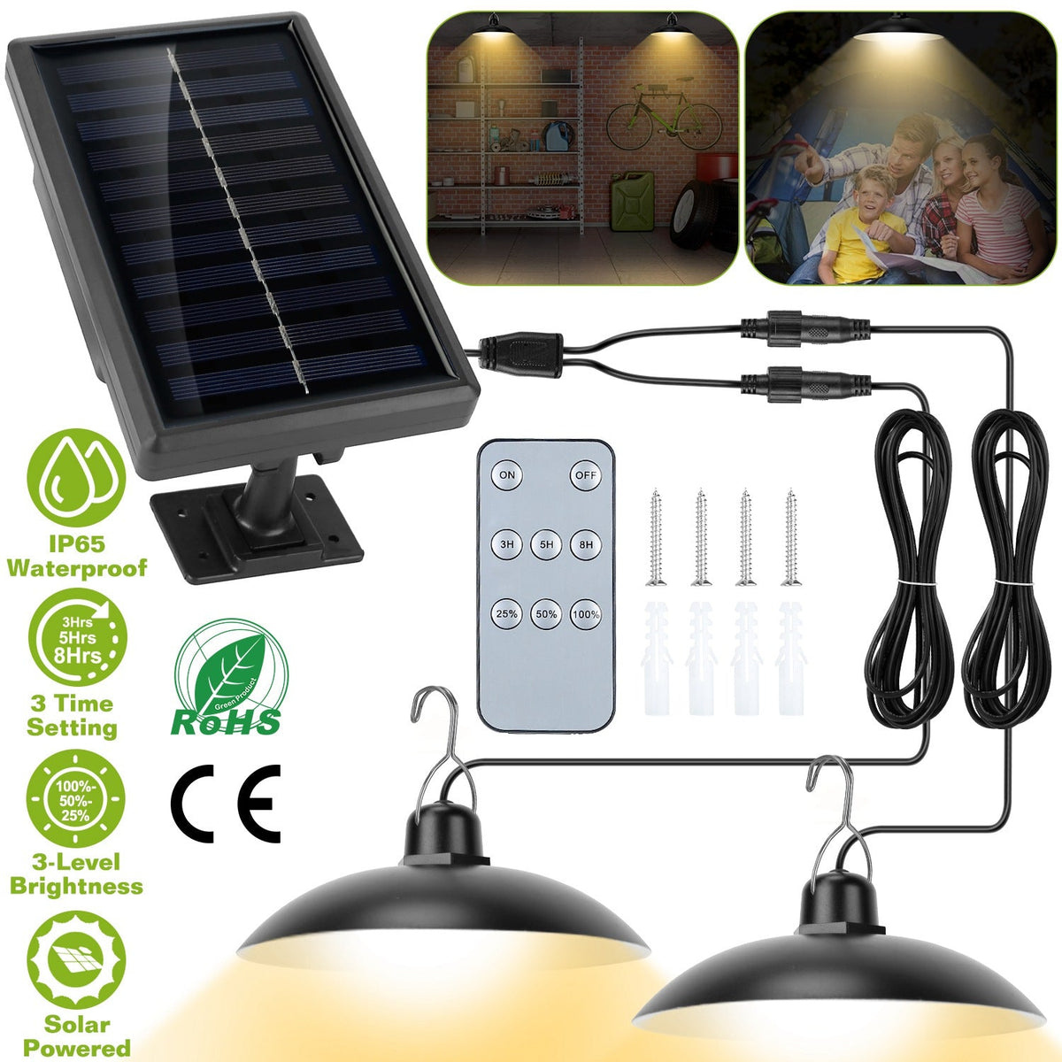 Solar Shed Lights Dual Lighting Heads Dimmable Timing Auto Sensor Turn Off Hanging Lamp IP65 Waterproof Remote Control Pendant Light For Garden Patio
