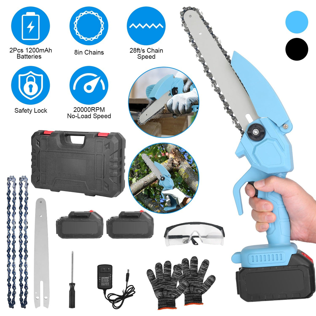 Electric Mini Chainsaw Portable Handheld Cordless Small Chain Saw Battery Powered with 2Pcs 1200mAh Rechargeable Batteries 8in Chains Gloves Goggles f