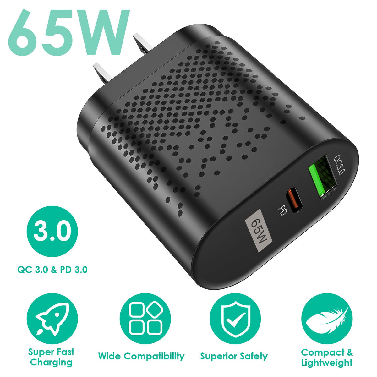 65W Type C Fast Wall Charger PD QC3.0 Adapter Fit for IOS Phone 14 13 12 11 Samsung S22 S21 Switch MacBook iPad