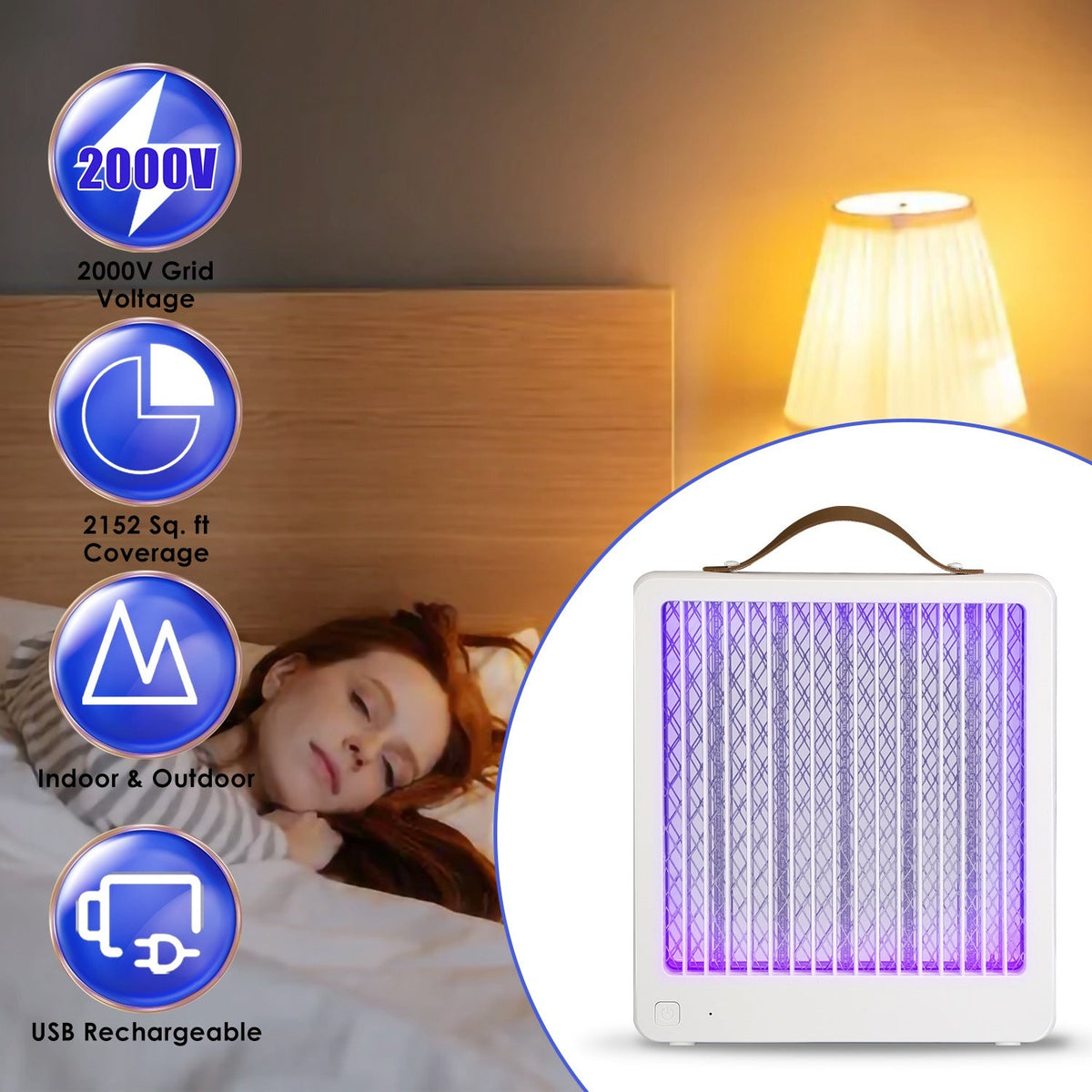 LED Bug Zapper Indoor Outdoor Mosquito Lamp Insect Killer with Handle for Kitchen Bedroom Office Cover 2152 Square Feet