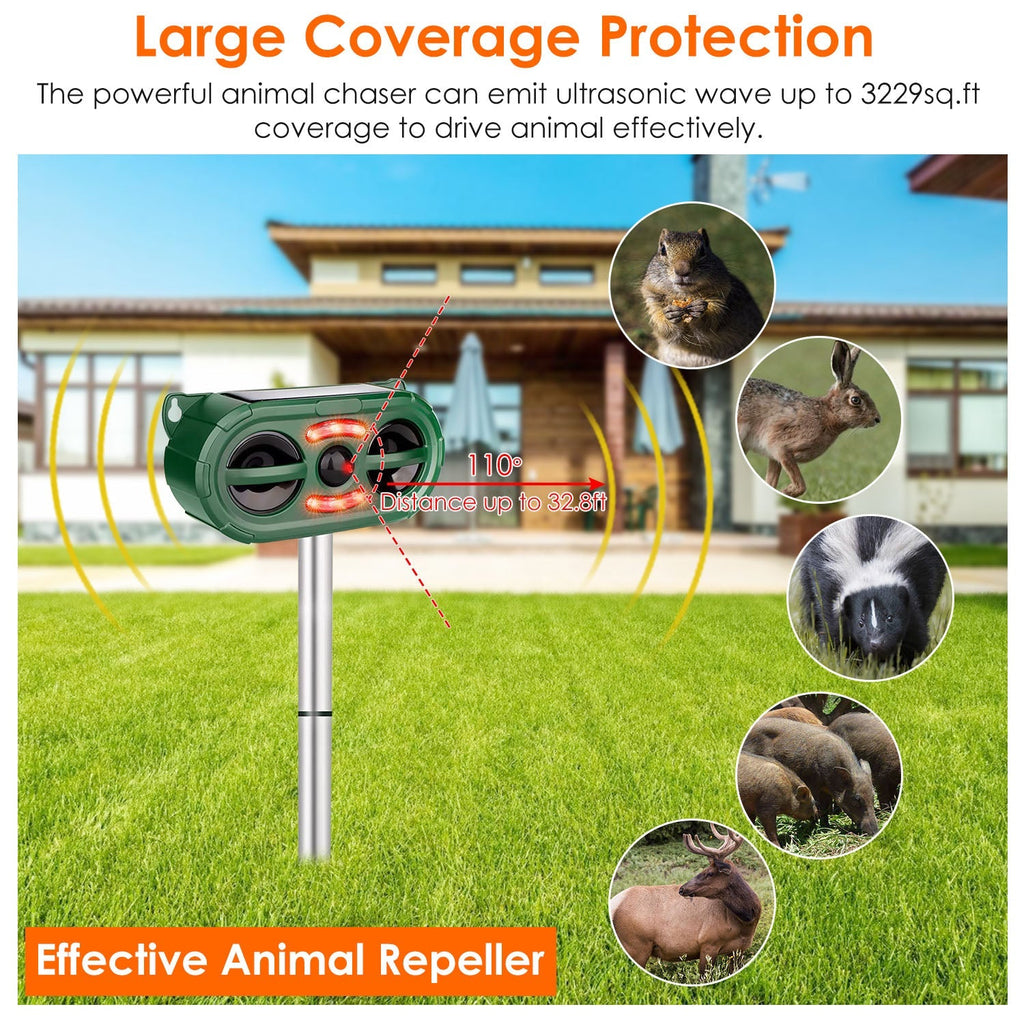 Solar Ultrasonic Animal Repeller Motion Sensor Animal Repellent USB Animal Chaser IP66 Waterproof for Farm Garden Yard to Drive Deer Raccoon Squirrel