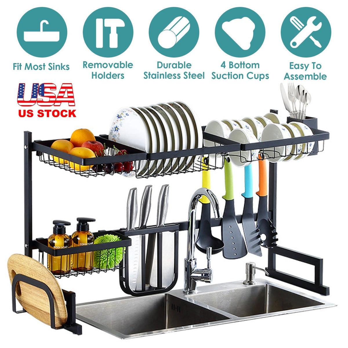 2-Tier Over the Sink Dish Drying Rack Drainer Utensil Organizer Holder Tableware Organizer Large Dish Rack for Kitchen Countertop Stainless Steel 33.7