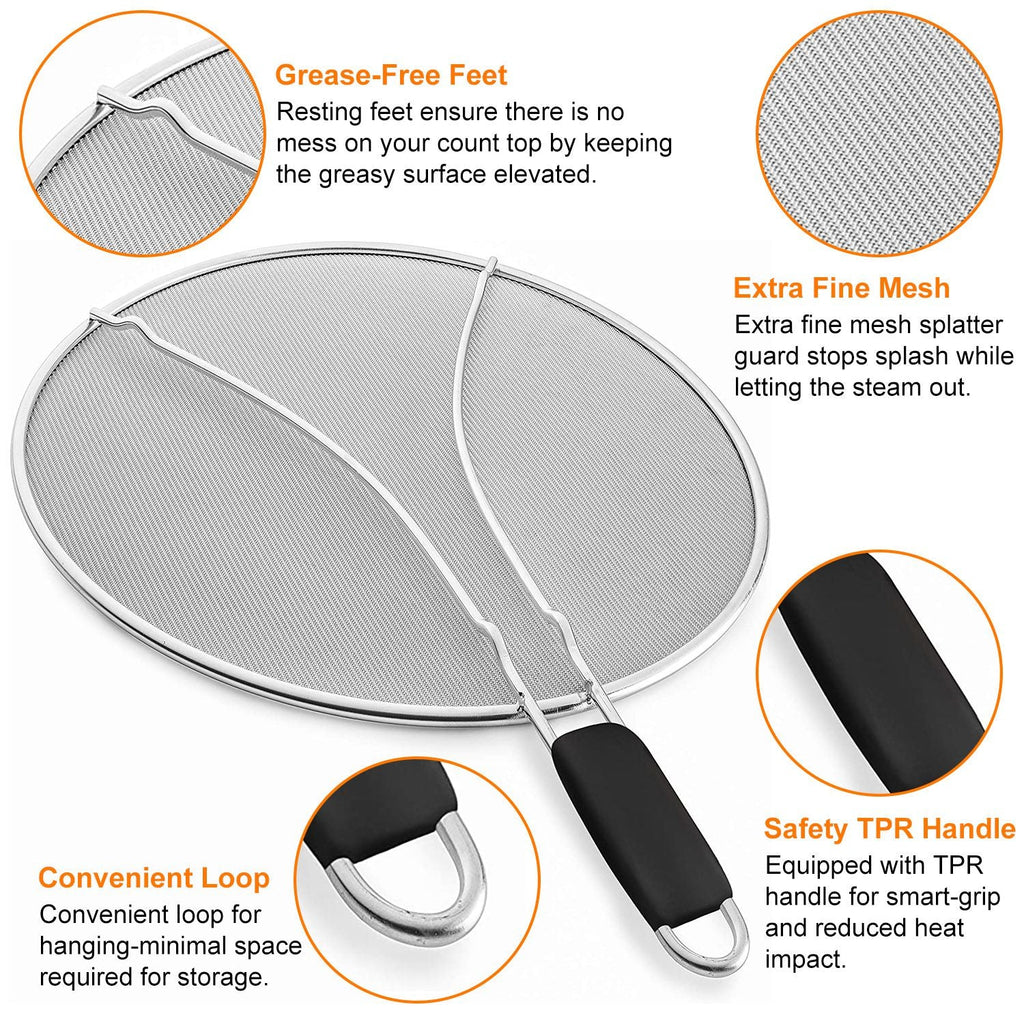 Grease Splatter ScreenÊ13in Stainless Steel Fine Mesh Splash Mesh Shield Hot Oil Stopper w/ Resting Feet For Frying Pan Cooking Woks Skillets Pots Pan