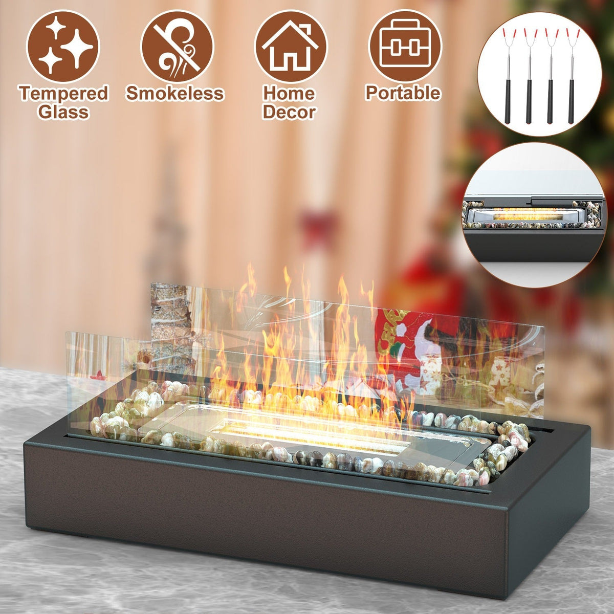 Tabletop Fire Pit With Roasting Sticks Portable Indoor Outdoor Tabletop Fireplace Ethanol Mini Fire Pit Table Top Decoration for Christmas Dinner Part