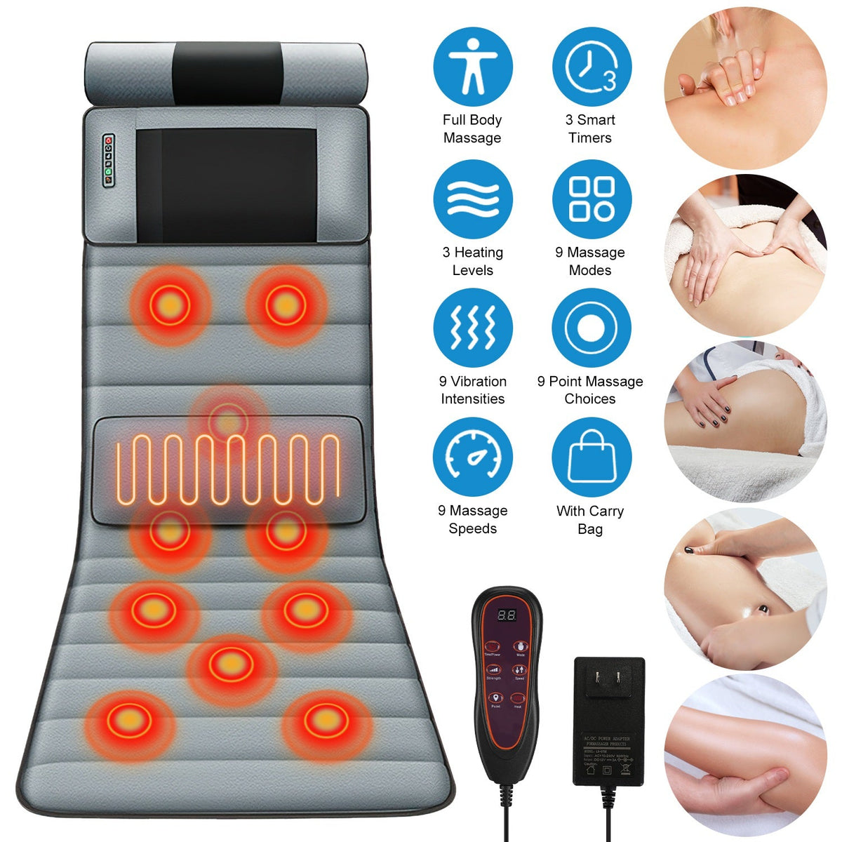 Full Body Electric Massage Mat with Heat Vibration Massage Pad Cushion Back Massage Mattress Chair Pad with Neck Massager Lumbar Pillow with 10 Vibrat