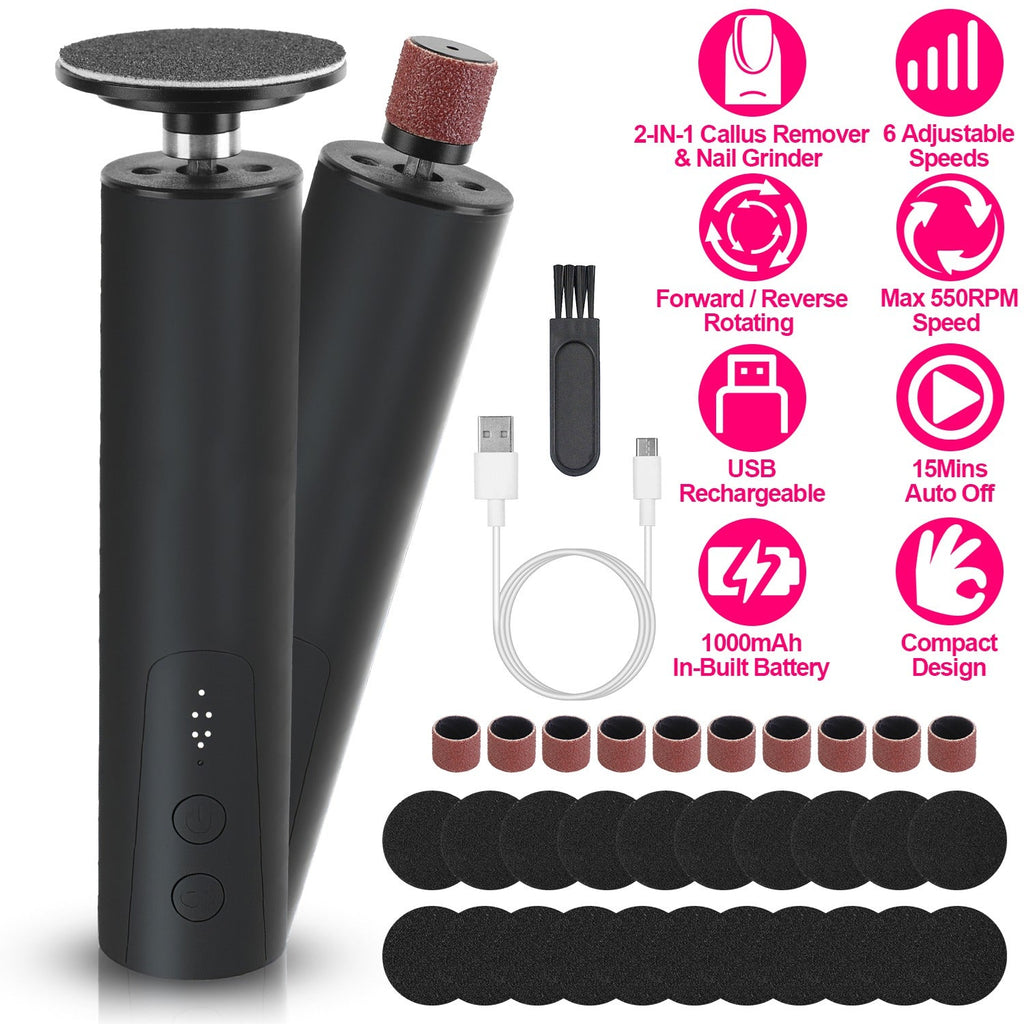 Electric Foot Callus Remover 2 in 1 Rechargeable Foot File Nail Grinder Dead Skin Pedicure Tool Machine with 2 Grinding Heads Total 30Pcs Replaceable