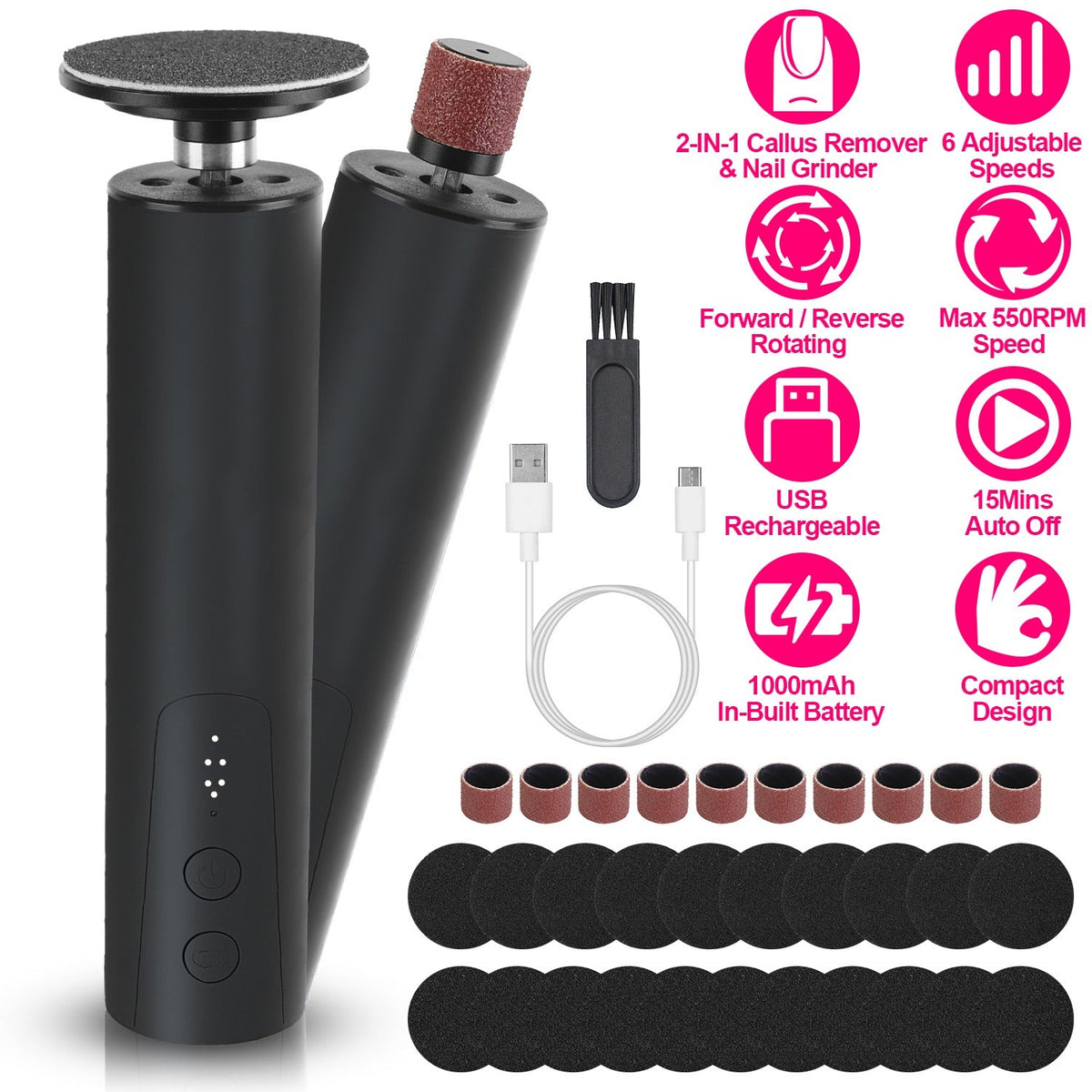 Electric Foot Callus Remover 2 in 1 Rechargeable Foot File Nail Grinder Dead Skin Pedicure Tool Machine with 2 Grinding Heads Total 30Pcs Replaceable