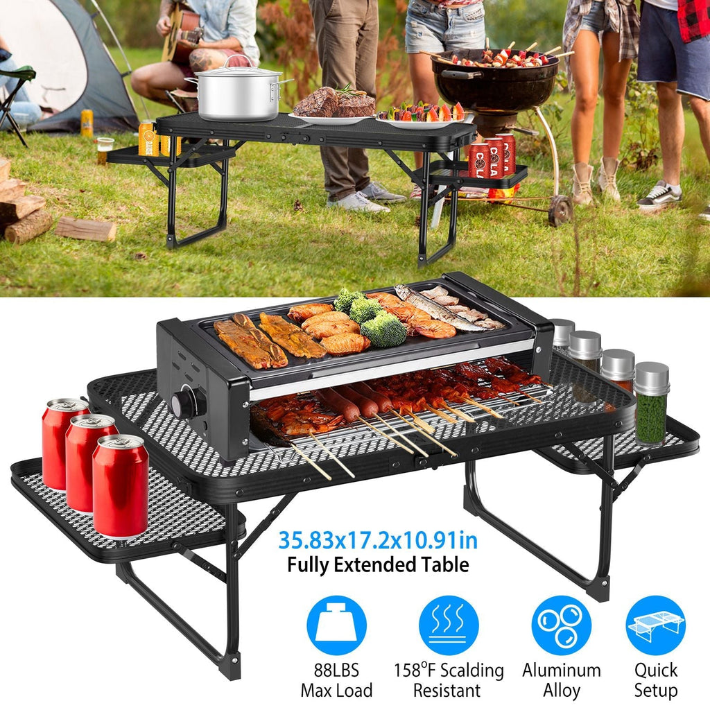 Foldable Camping Table Collapsible Picnic Aluminum Alloy Grill Stand 88LBS Max Load BBQ Table with 2 Side Trays