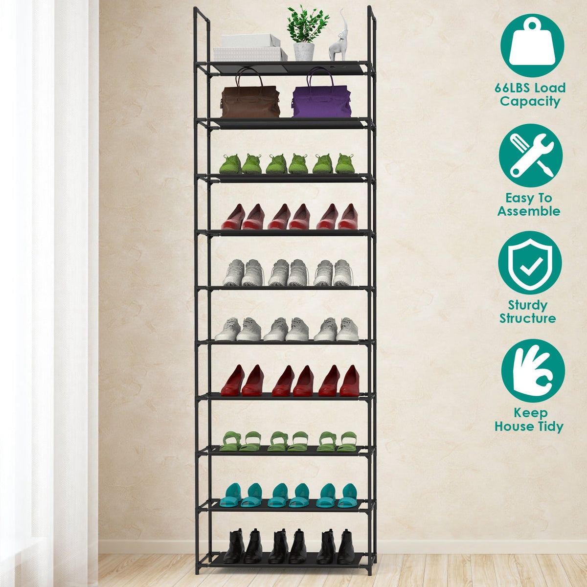 10 Tiers Shoe Rack Space-Saving 25-30Pairs Tall Shoe Shelf 23.03x10.82x72.83Inches Non-Woven Fabric Vertical Shoe Organizer For Hallway Entryway Close