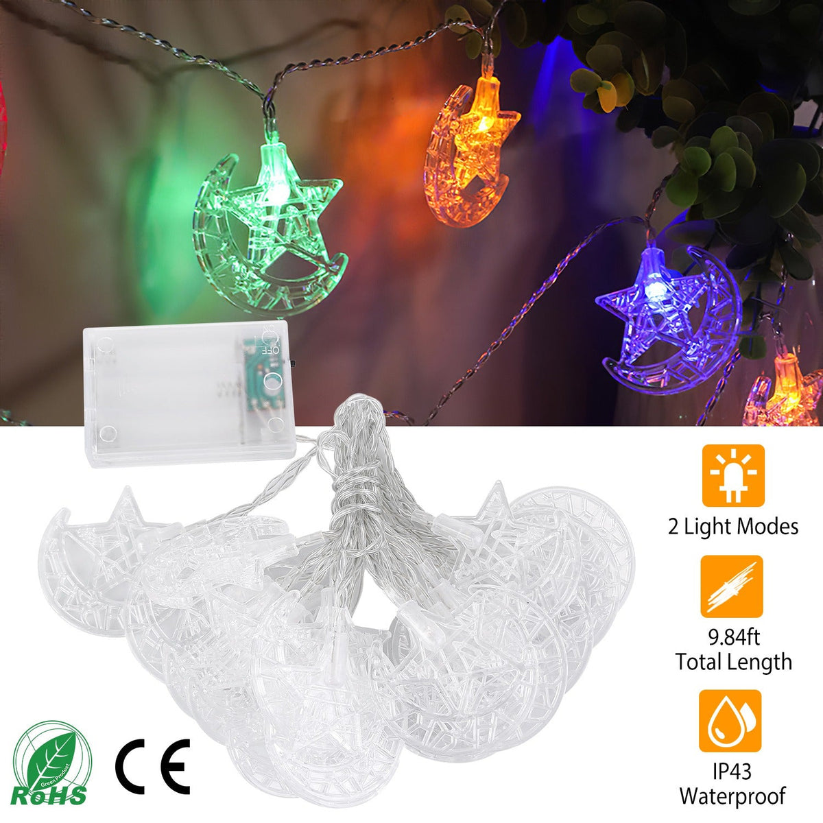 LED Star Moon IP43 Waterproof String Lights 2 Light Modes Battery Powered Decorative Light for Ramadan Christmas Wedding Party Home Patio Multi-color