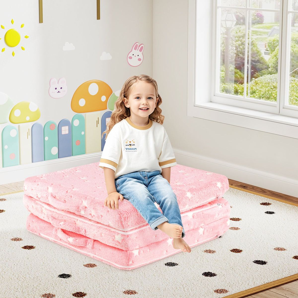 Foldable Floor Mattress for Kids with Washable Flannel Cover-Pink