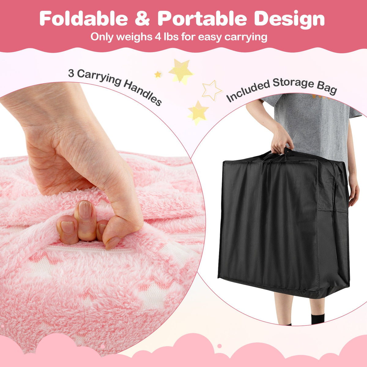 Foldable Floor Mattress for Kids with Washable Flannel Cover-Pink