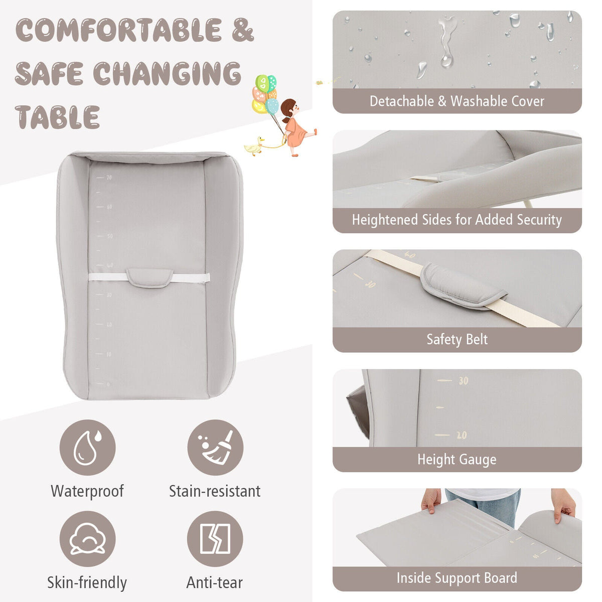 Baby Diaper Changing Table with Water Basin Wheel-Gray