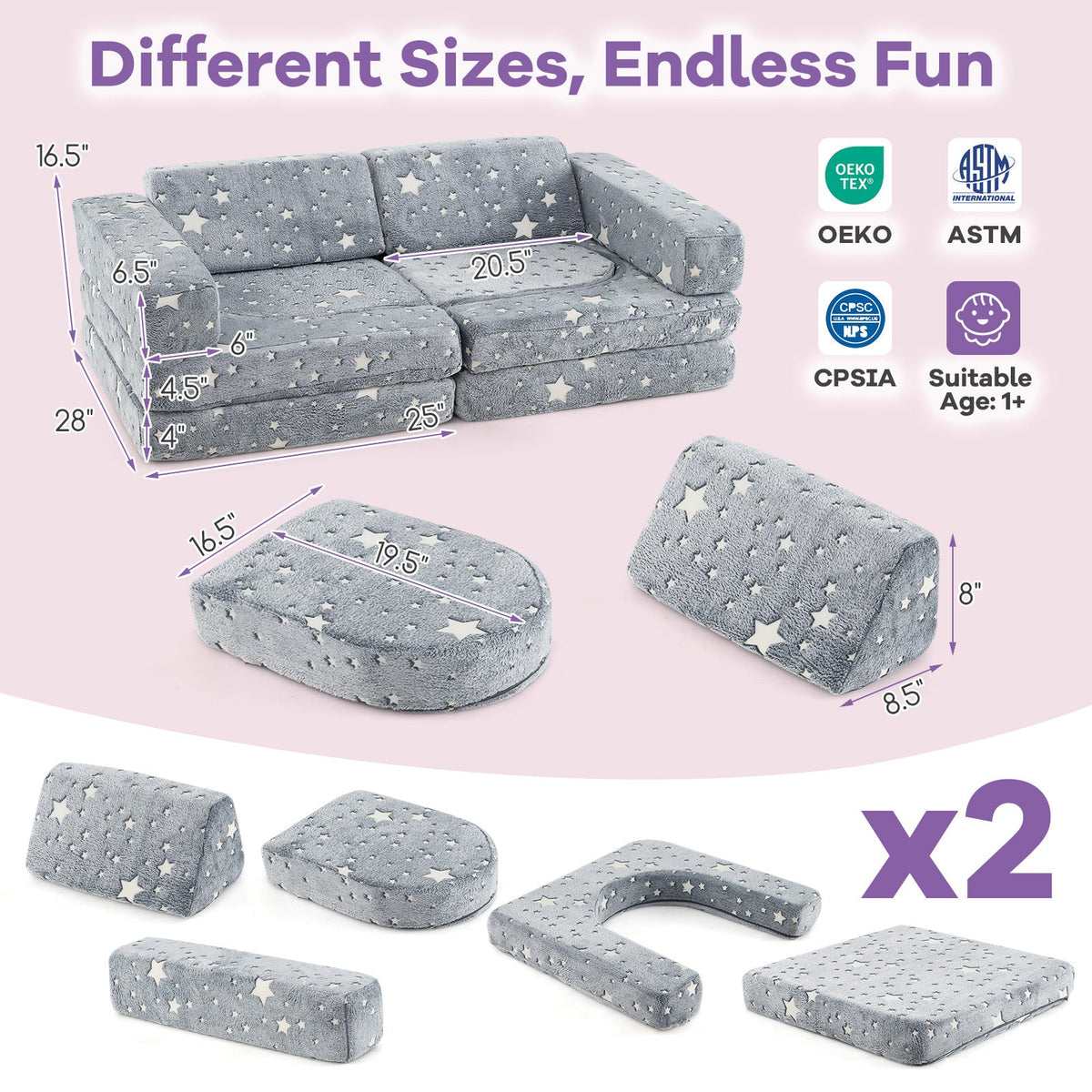 10 Pieces Modular Kids Play Couch Sectional Sofa Glow in the Dark-Gray