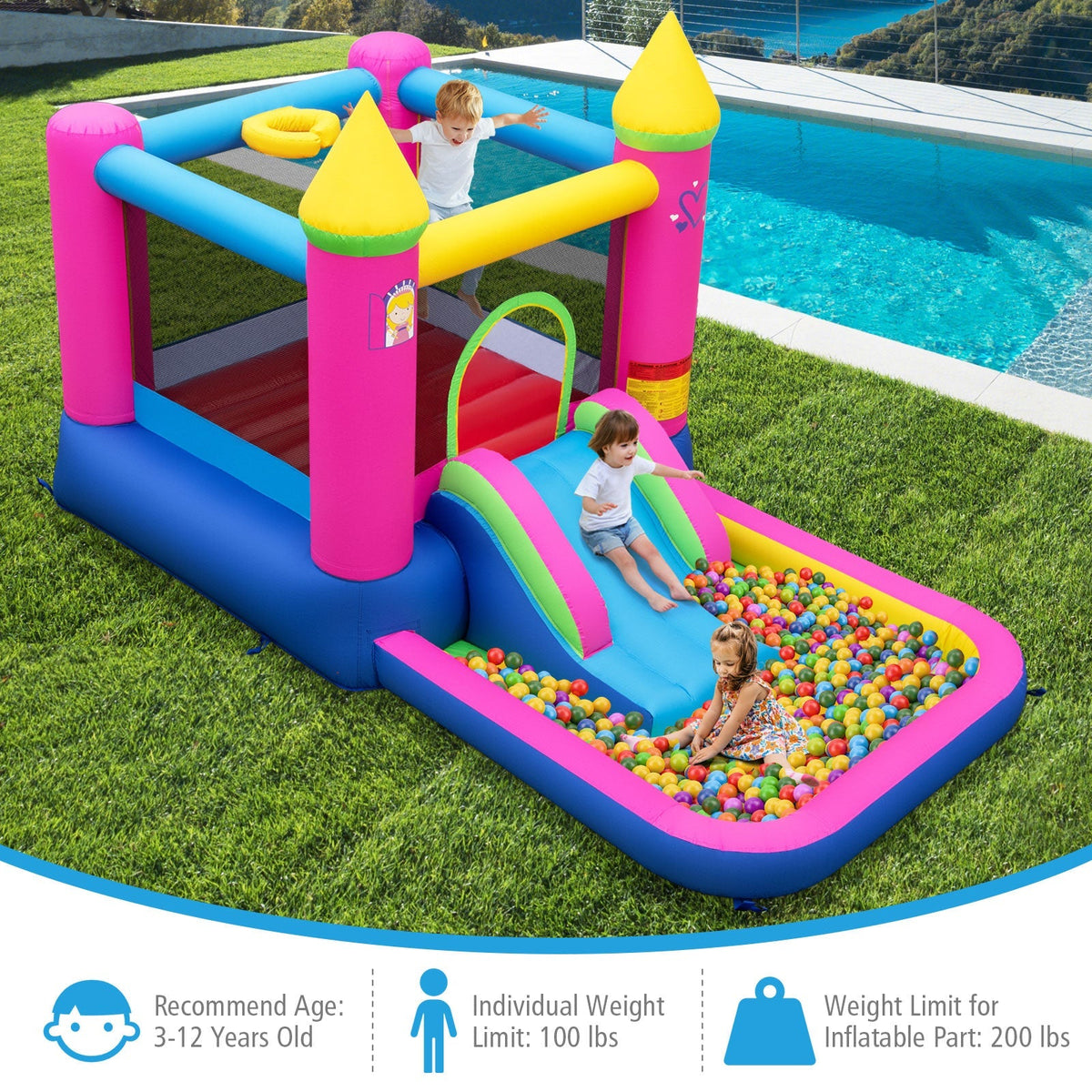 Inflatable Bounce House 4-in-1 Kids Princess-themed Bouncer Blow-up Bouncy Castle with 480 Blower