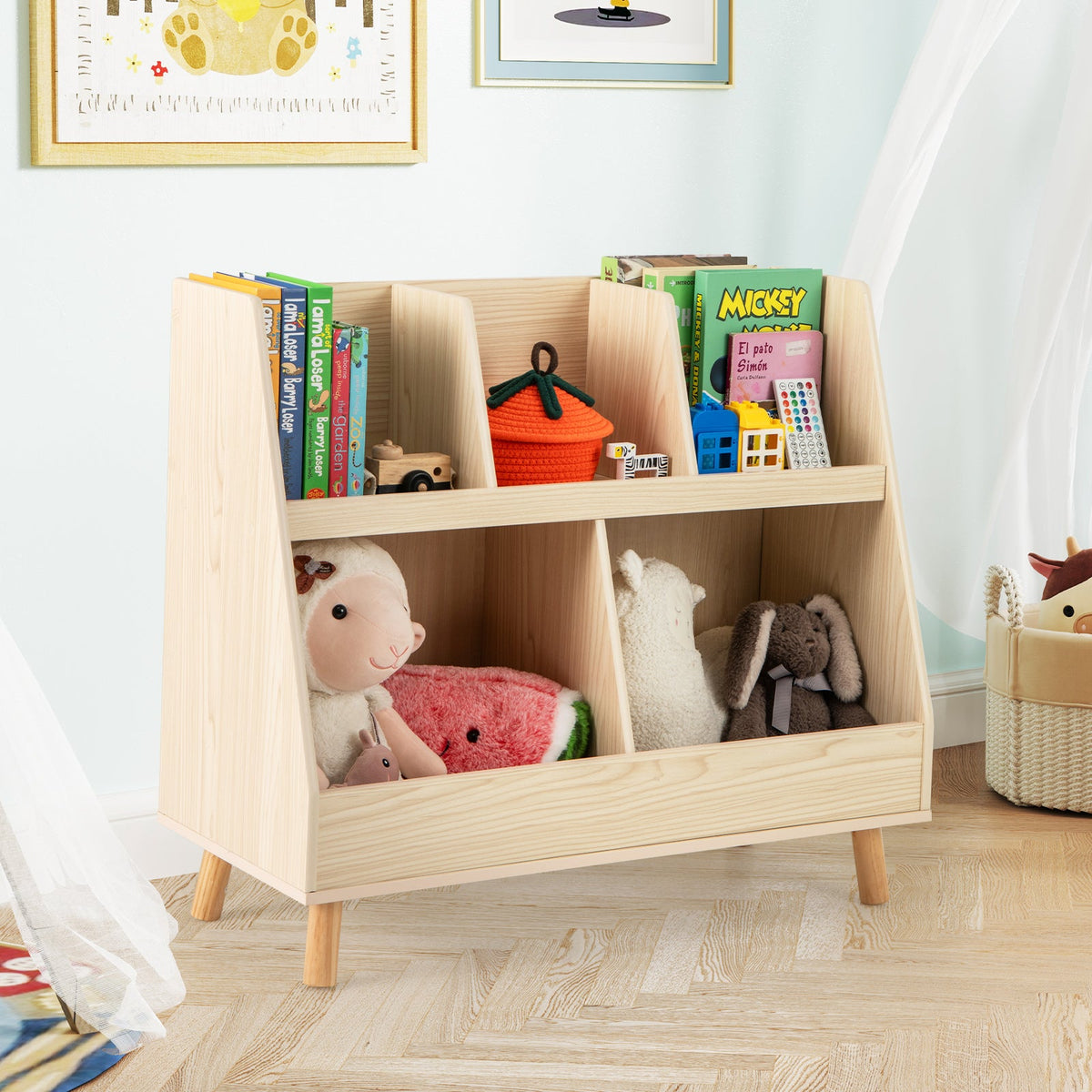 5-Cube Kids Bookshelf and Toy Organizer with Anti-Tipping Kits-Oak