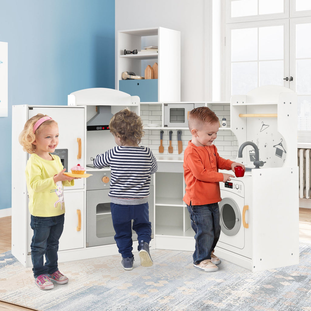 Corner Kids Play Kitchen with Washing Machine and Ice Maker Gift for Boys Girls-White