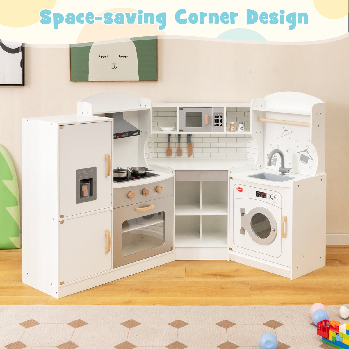 Corner Kids Play Kitchen with Washing Machine and Ice Maker Gift for Boys Girls-White