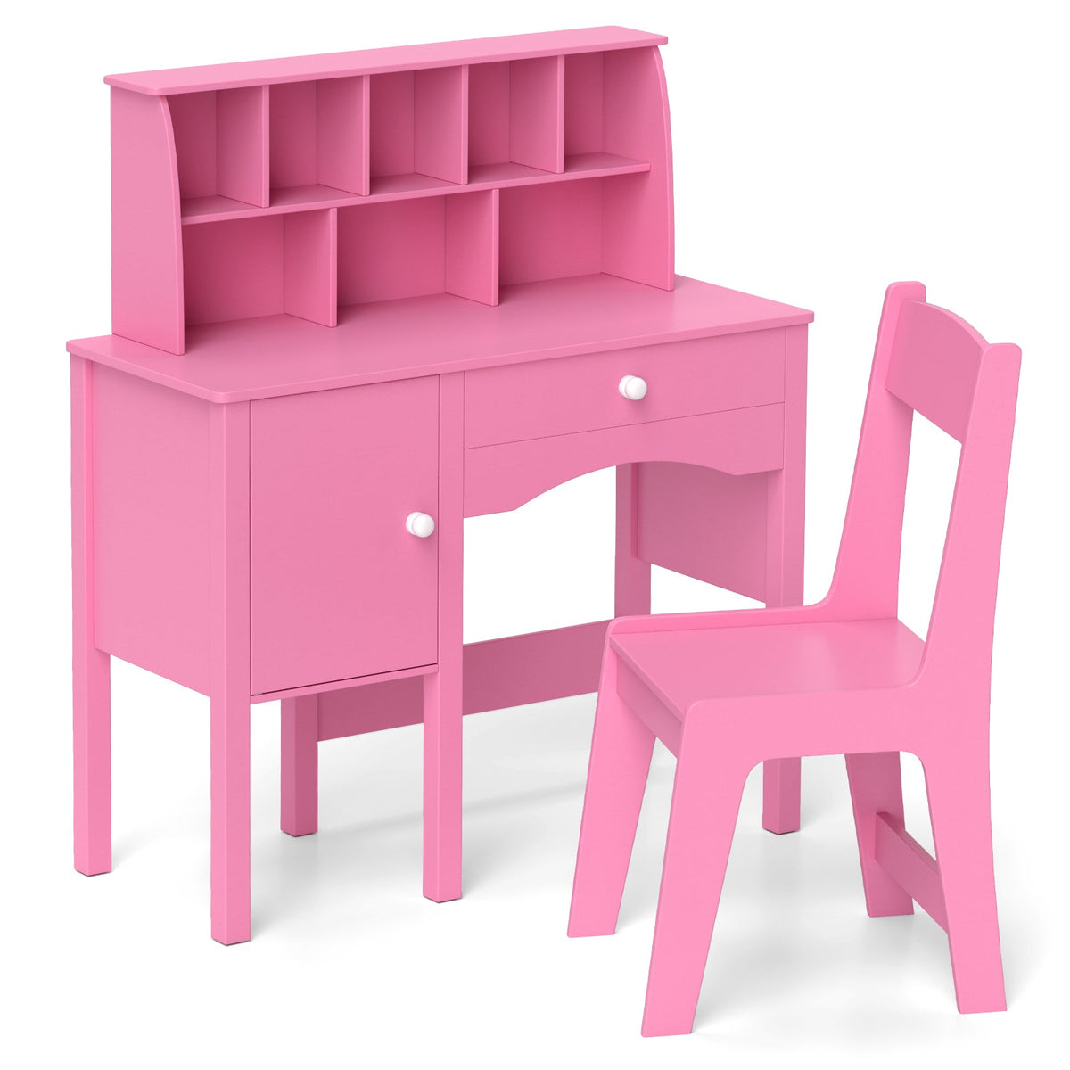 Kids Study Desk and Chair Set with Chair Hutch and Storage Cabinet for 3+ Years Old-Pink