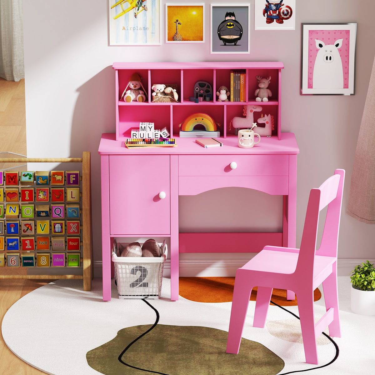 Kids Study Desk and Chair Set with Chair Hutch and Storage Cabinet for 3+ Years Old-Pink