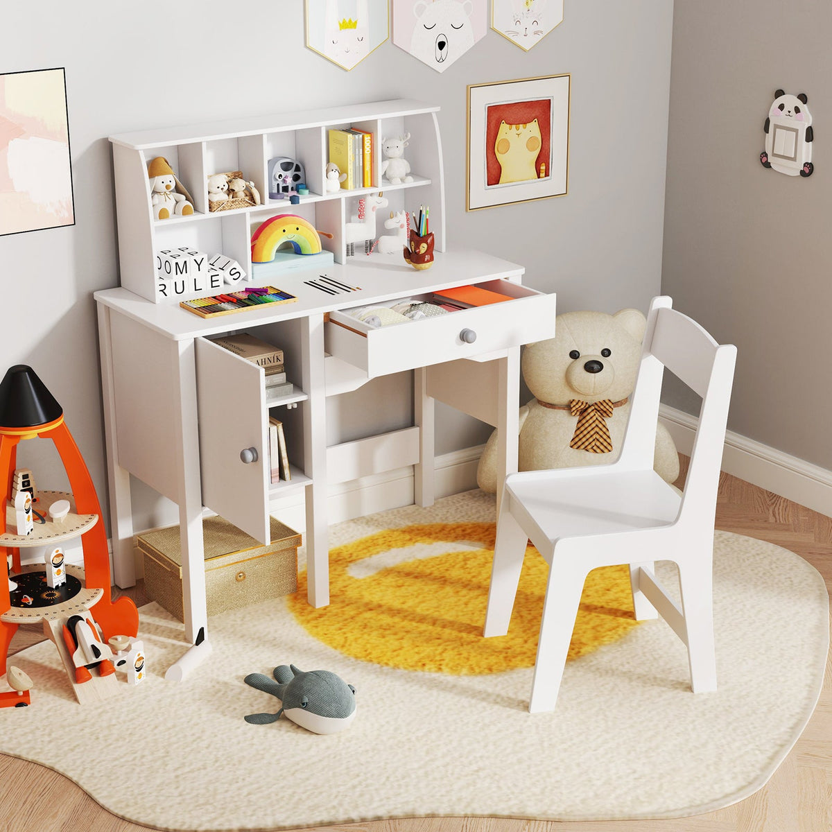 Kids Study Desk and Chair Set with Chair Hutch and Storage Cabinet for 3+ Years Old-White