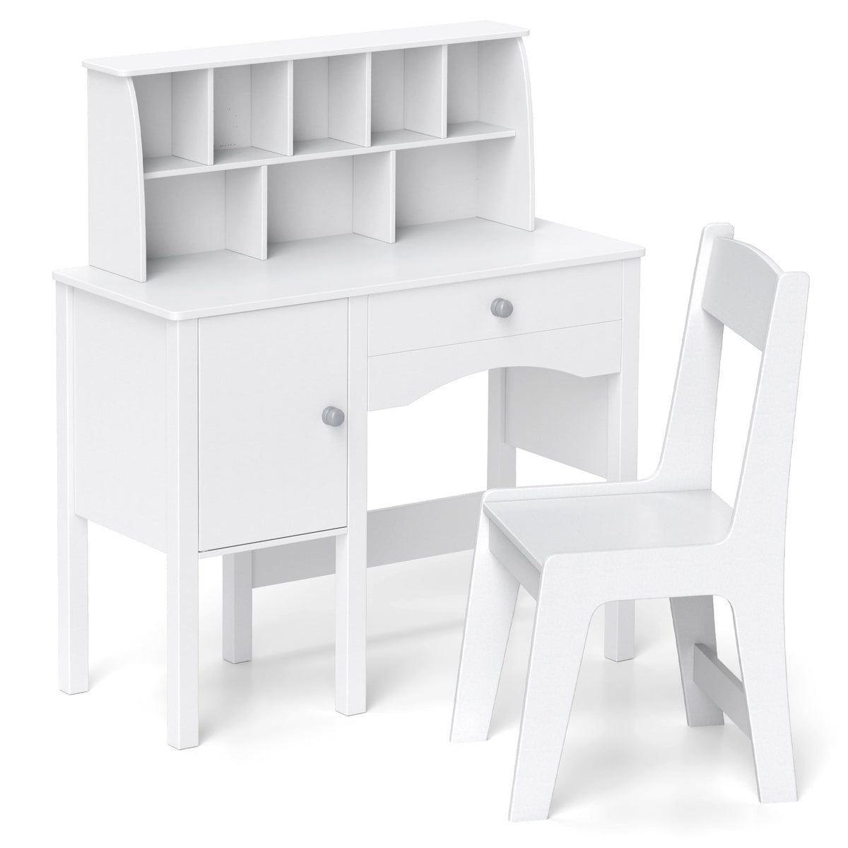 Kids Study Desk and Chair Set with Chair Hutch and Storage Cabinet for 3+ Years Old-White