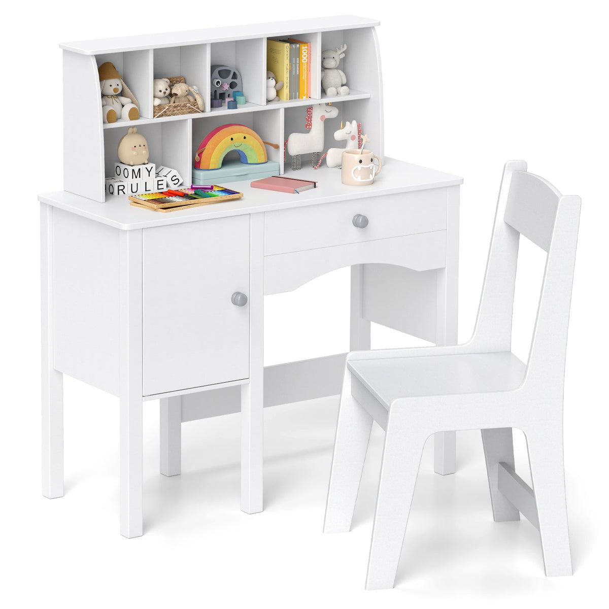 Kids Study Desk and Chair Set with Chair Hutch and Storage Cabinet for 3+ Years Old-White