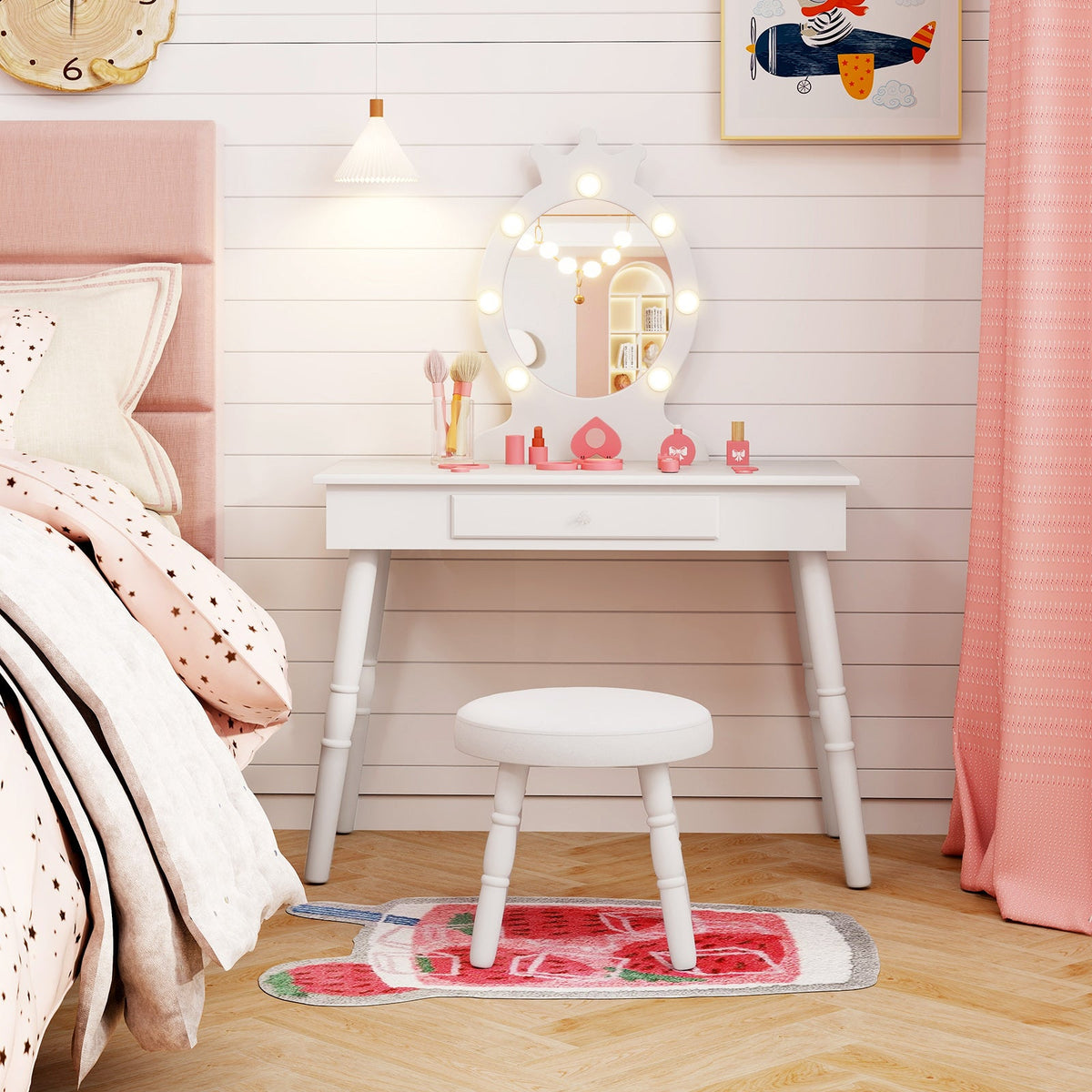 Kids Vanity Set with Lighted Mirror with Adjustable Brightness and Large Drawer-White