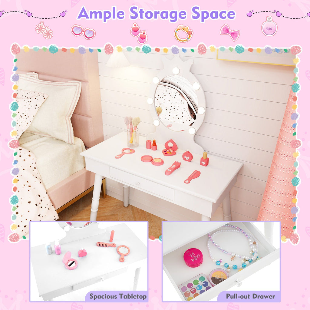 Kids Vanity Set with Lighted Mirror with Adjustable Brightness and Large Drawer-White