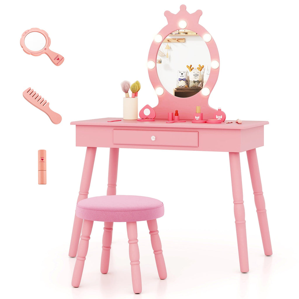 Kids Vanity Set with Lighted Mirror with Adjustable Brightness and Large Drawer-Pink