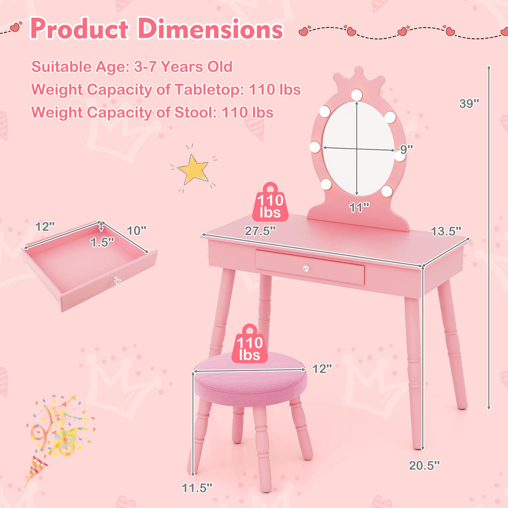 Kids Vanity Set with Lighted Mirror with Adjustable Brightness and Large Drawer-Pink