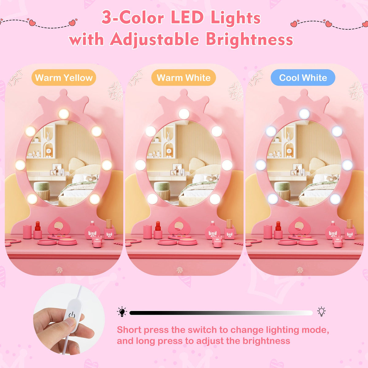 Kids Vanity Set with Lighted Mirror with Adjustable Brightness and Large Drawer-Pink