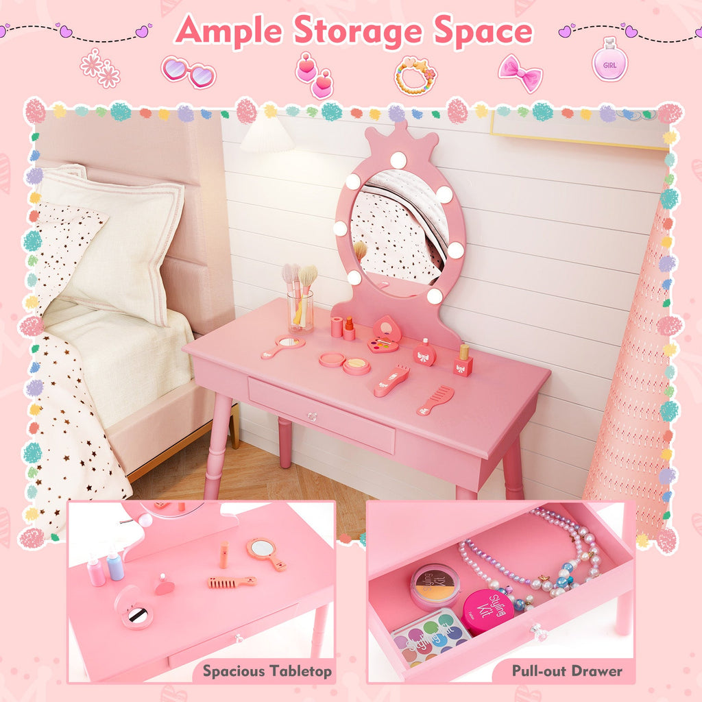 Kids Vanity Set with Lighted Mirror with Adjustable Brightness and Large Drawer-Pink