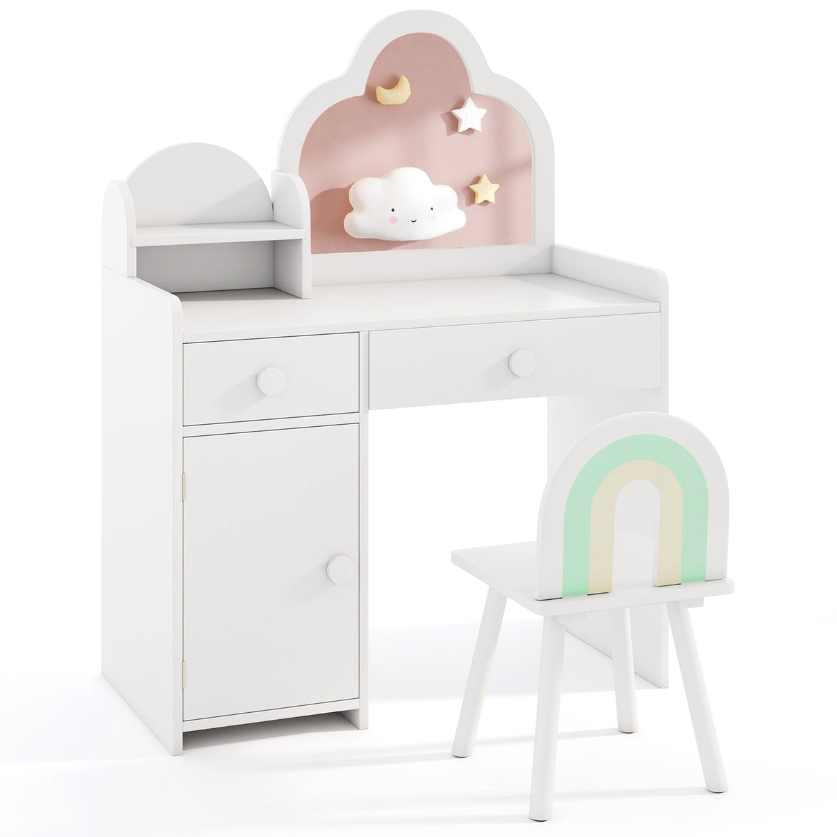 Kids Vanity Table and Chair Set with Cloud-shaped Mirror and Open Shelf-White