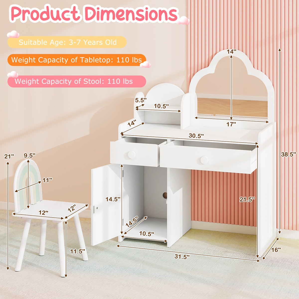 Kids Vanity Table and Chair Set with Cloud-shaped Mirror and Open Shelf-White