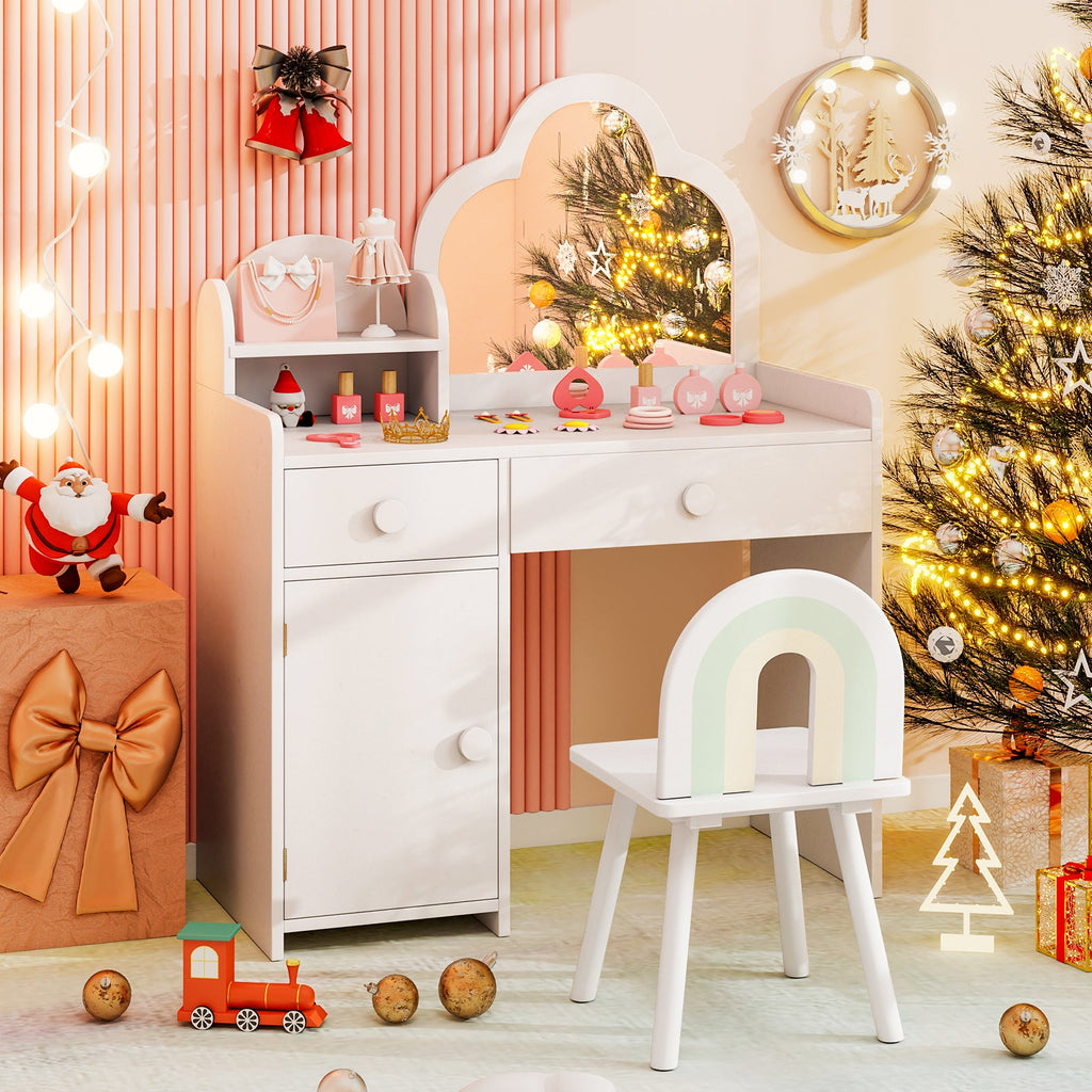 Kids Vanity Table and Chair Set with Cloud-shaped Mirror and Open Shelf-White