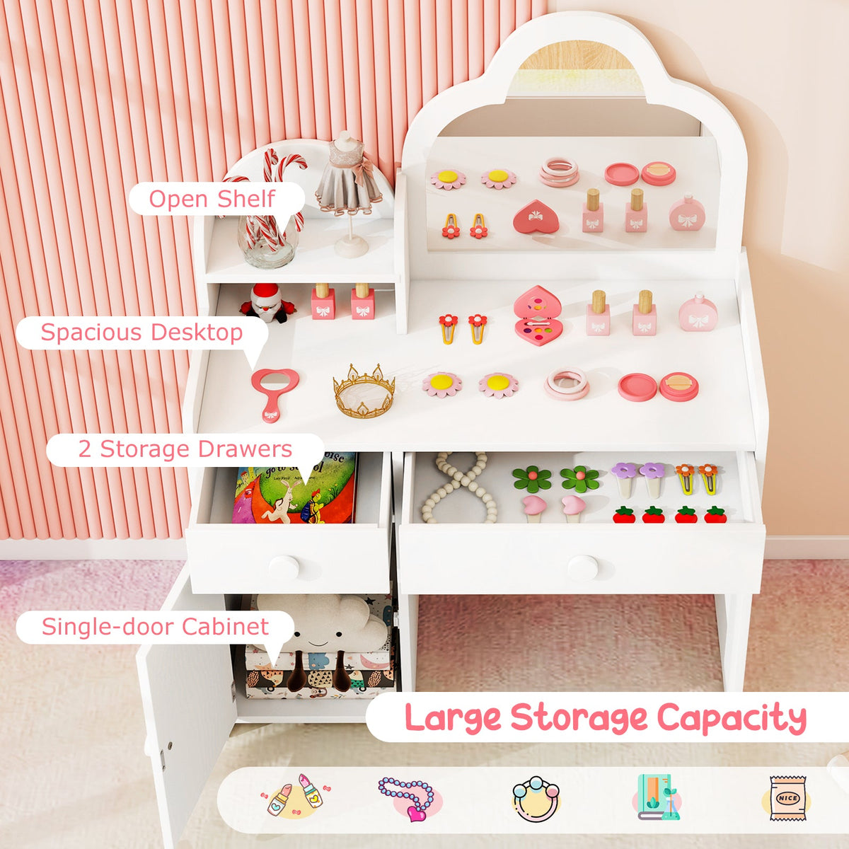Kids Vanity Table and Chair Set with Cloud-shaped Mirror and Open Shelf-White