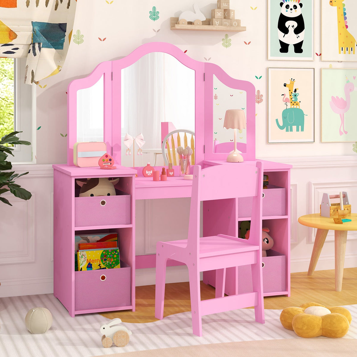 Kids Vanity Table and Chair Set with Removable Mirrors and 4 Storage Bins-Pink