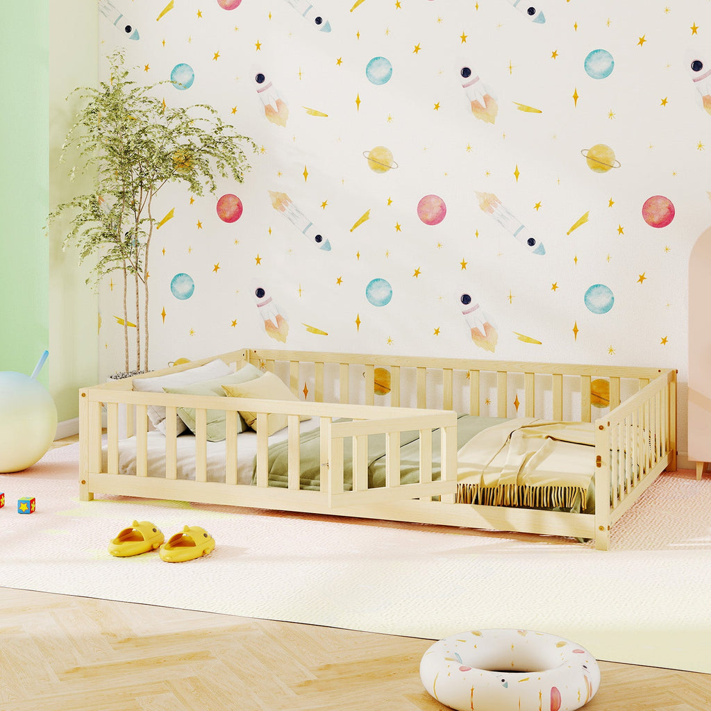 Montessori Bed Frame with Full-length Guardrails Safety Door and Latch-Natural