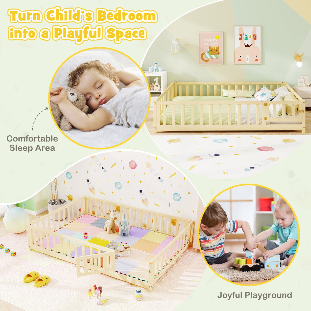 Montessori Bed Frame with Full-length Guardrails Safety Door and Latch-Natural
