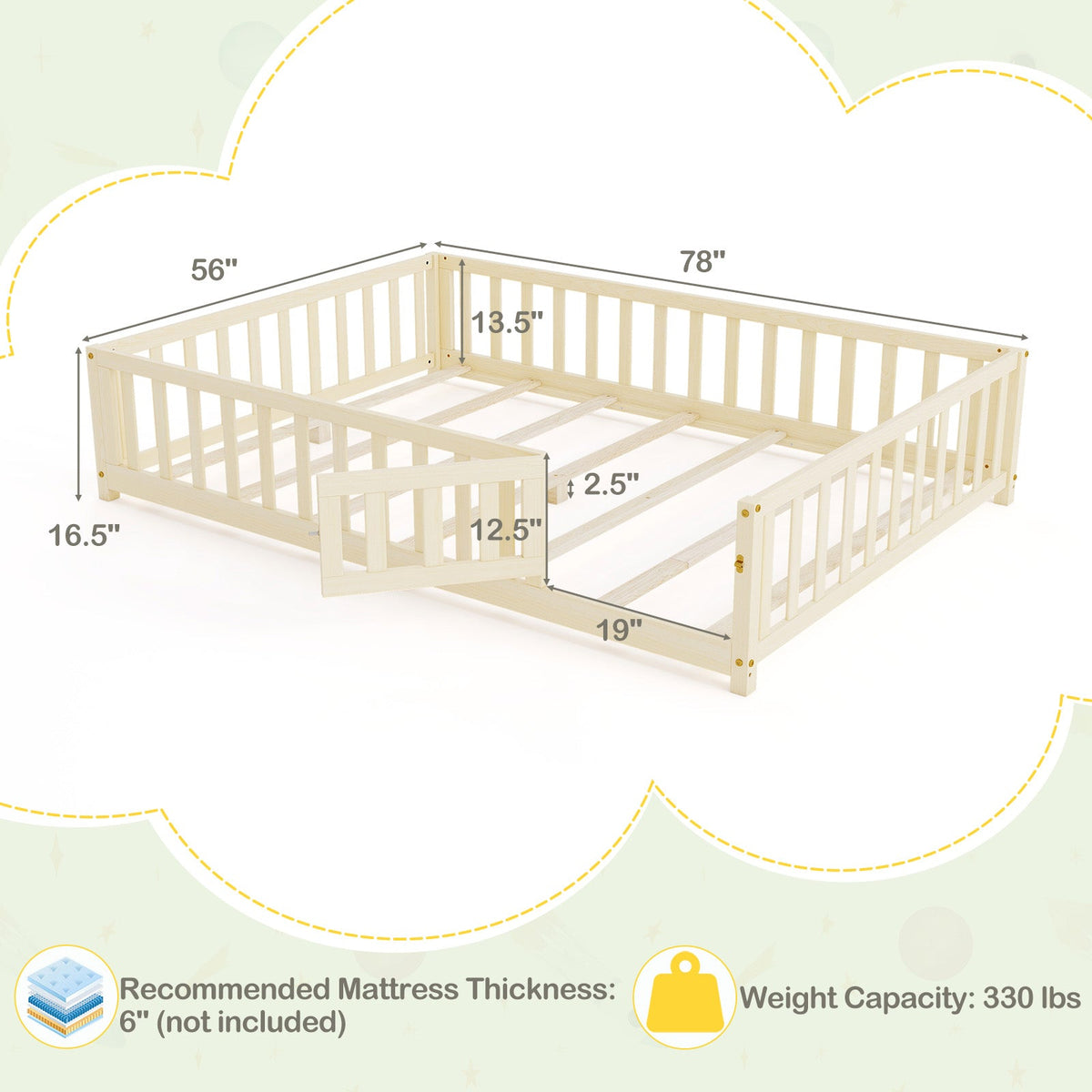 Montessori Bed Frame with Full-length Guardrails Safety Door and Latch-Natural