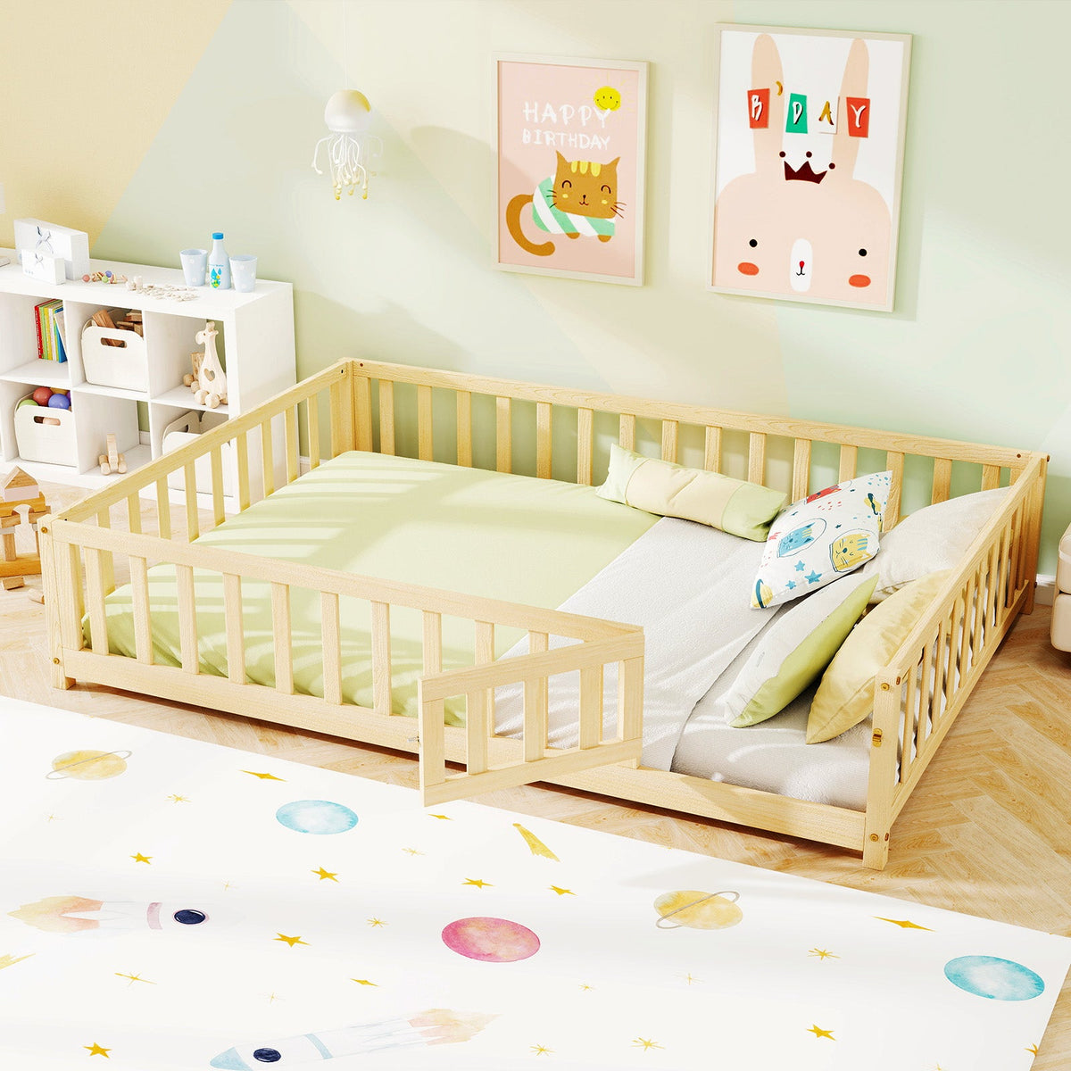 Montessori Bed Frame with Full-length Guardrails Safety Door and Latch-Natural