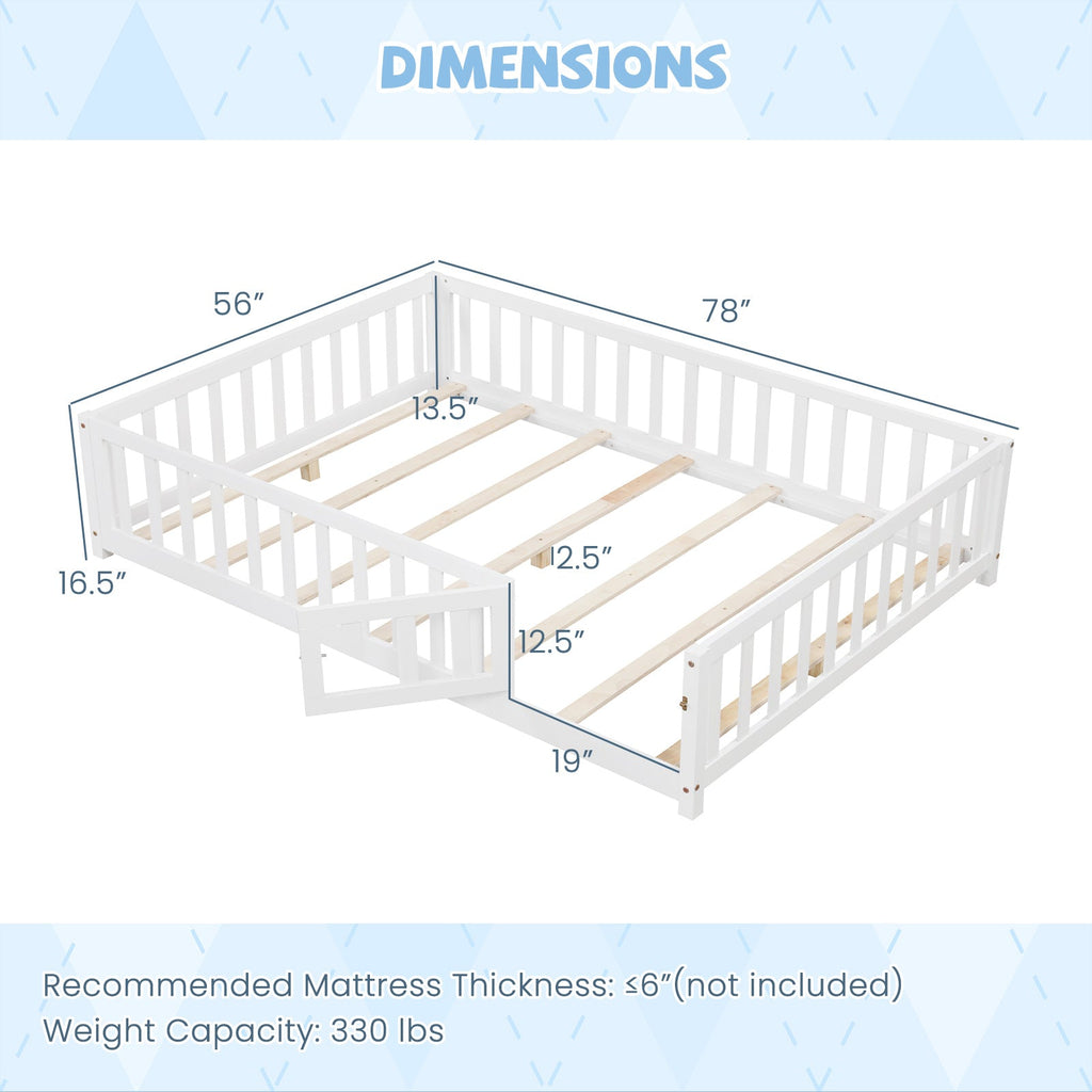 Montessori Bed Frame with Full-length Guardrails Safety Door and Latch-White