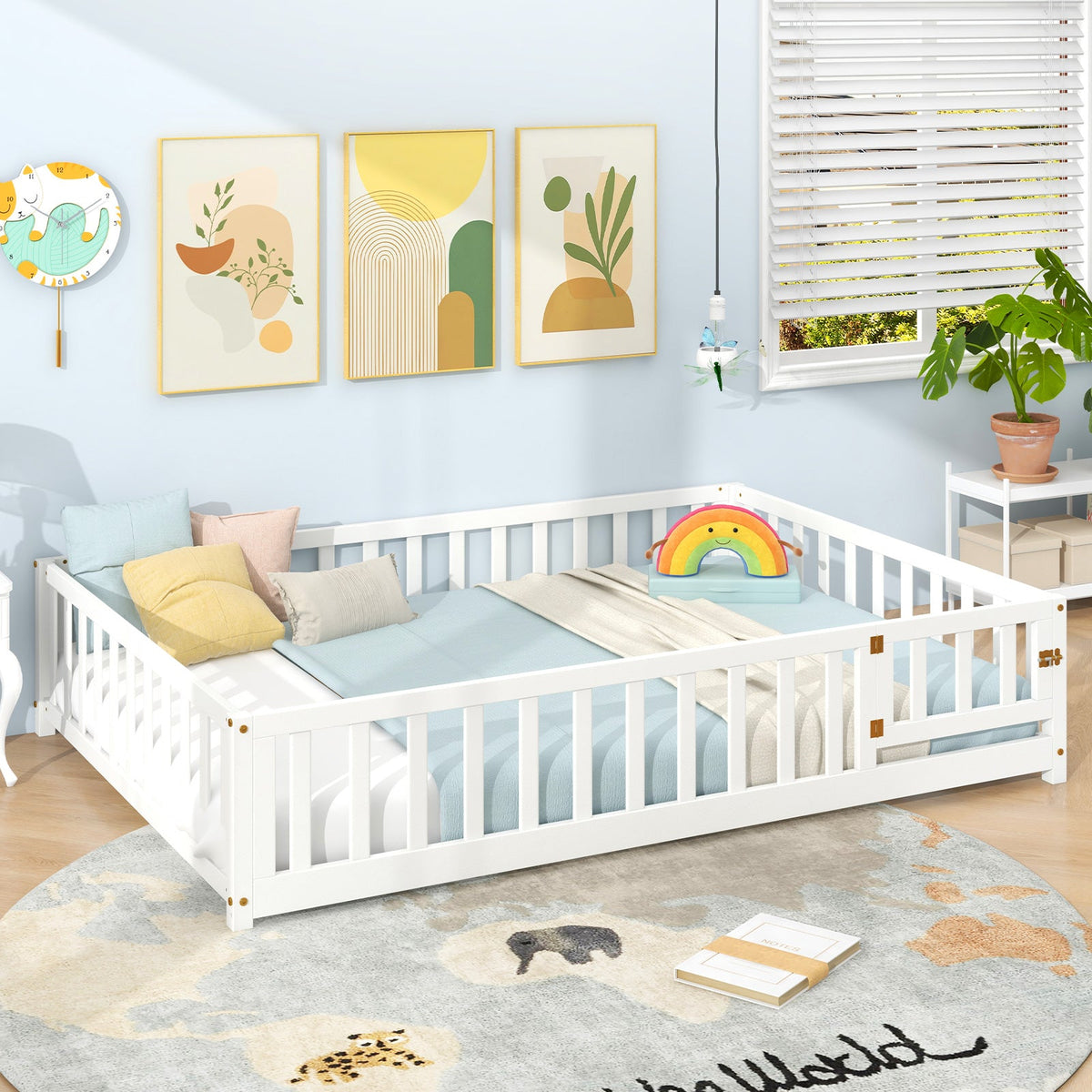 Montessori Bed Frame with Full-length Guardrails Safety Door and Latch-White