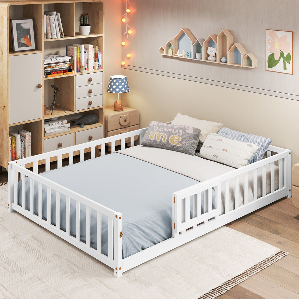 Montessori Bed Frame with Full-length Guardrails Safety Door and Latch-White