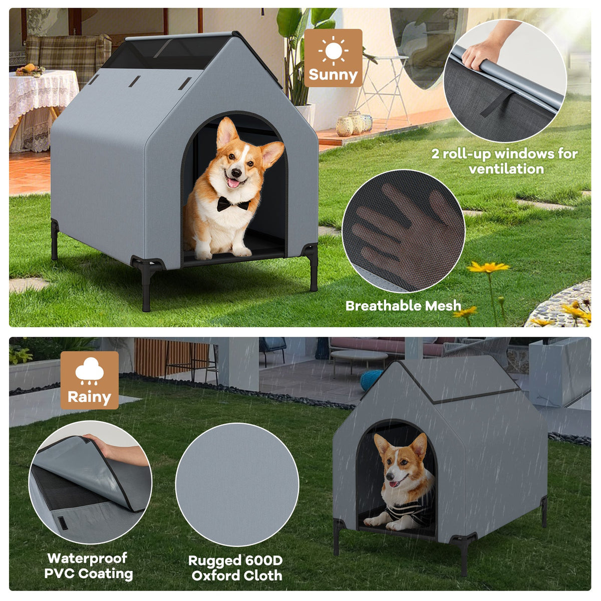 Large/Middle/Small Outdoor Elevated Pet House with Ventilated Windows-S