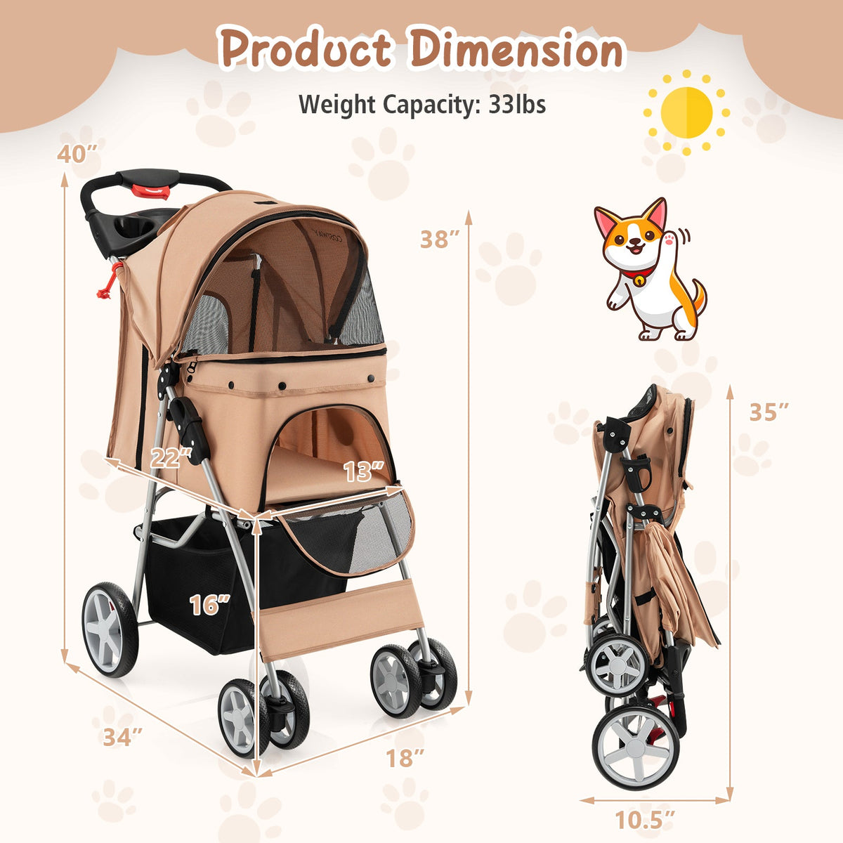 Folding Pet Stroller with Storage Basket and Adjustable Canopy-Beige