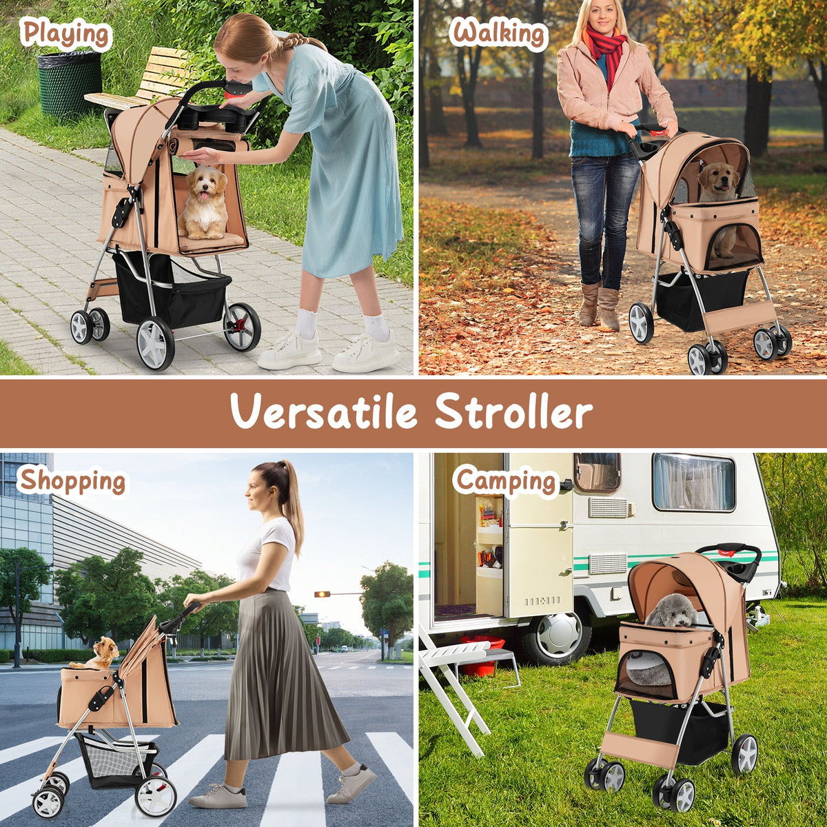 Folding Pet Stroller with Storage Basket and Adjustable Canopy-Beige