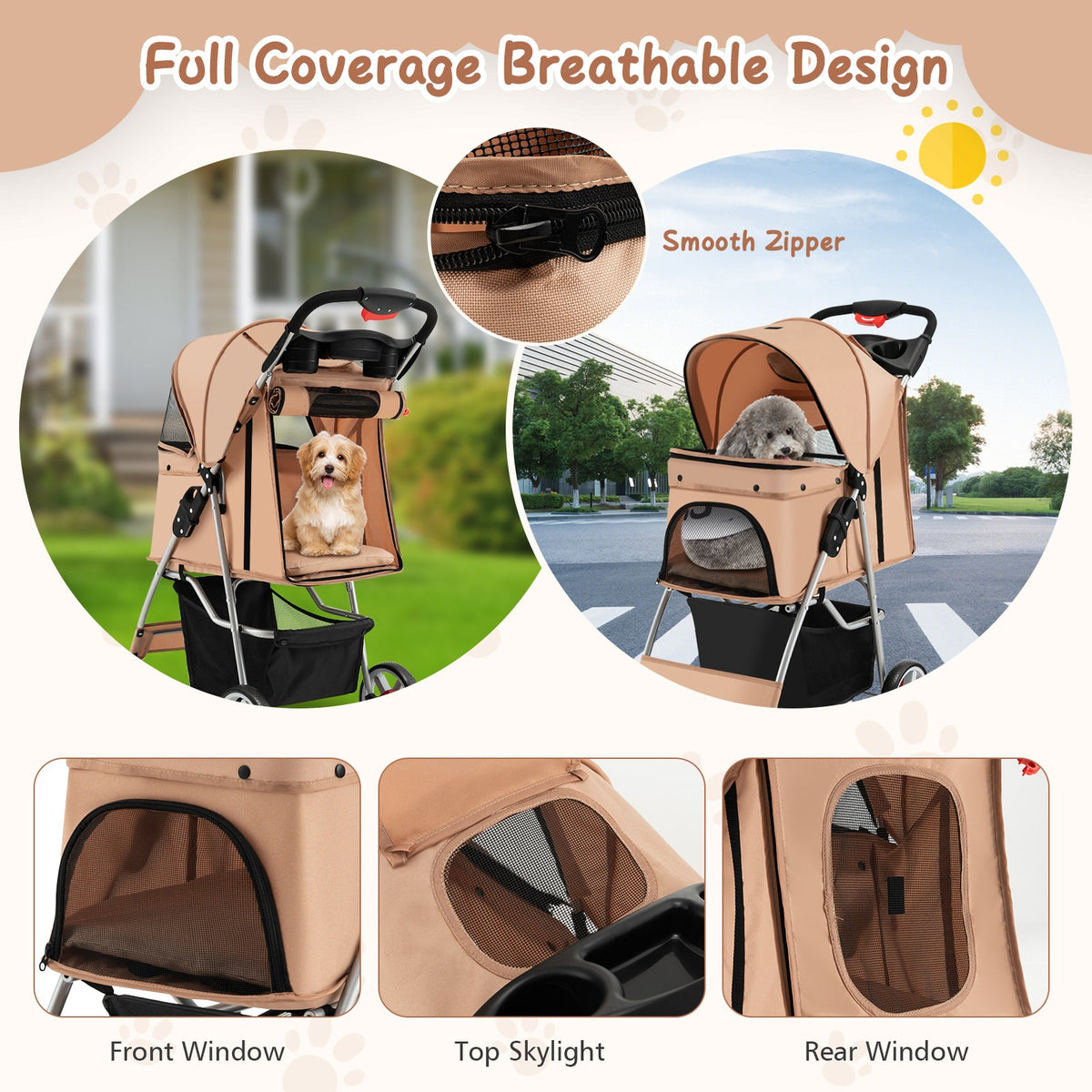 Folding Pet Stroller with Storage Basket and Adjustable Canopy-Beige